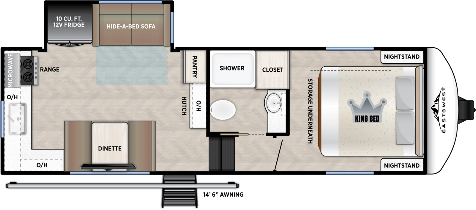 The Blackthorn 229RK floorplan has one entry and one slide out. Exterior features include: fiberglass exterior and 14'6" awning. Interiors features include: rear kitchen and front bedroom.